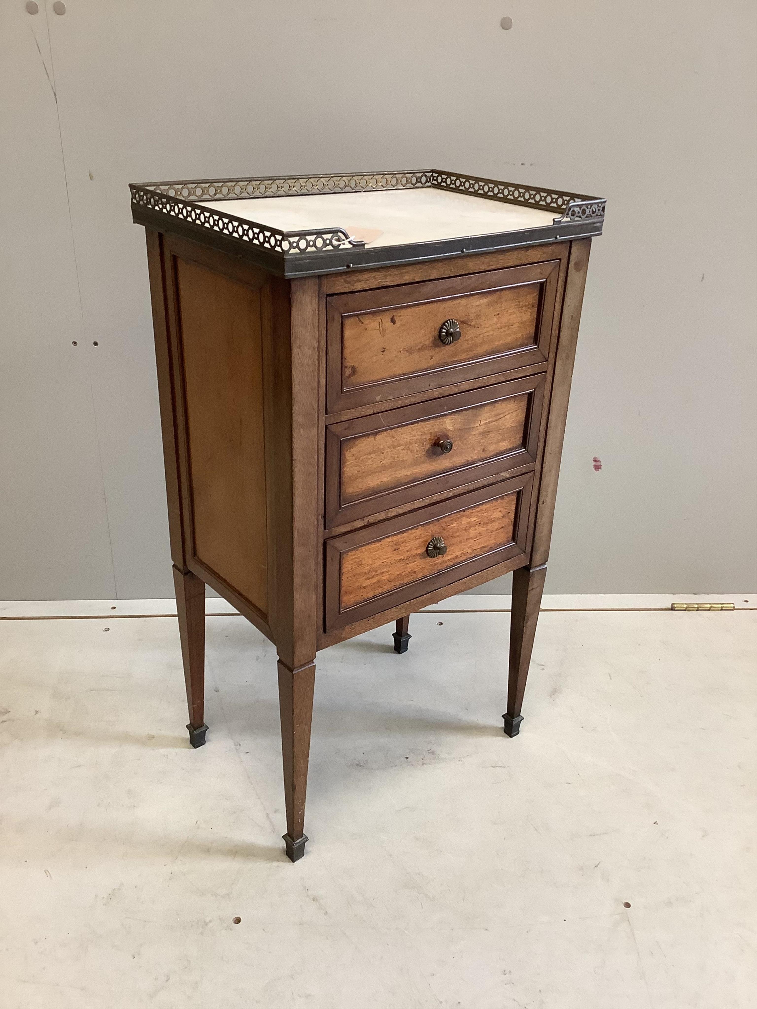 A French marble top three drawer bedside chest, width 41cm, depth 29cm, height 73cm